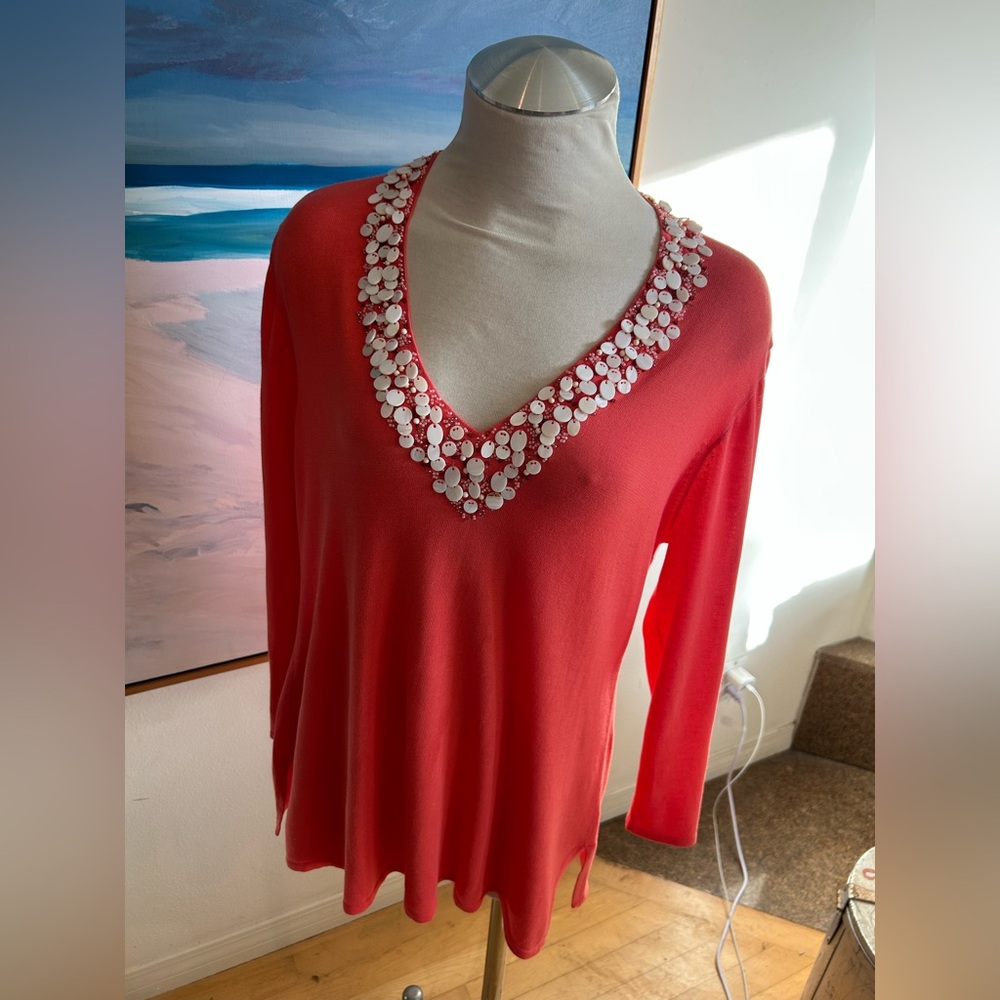 J CREW Vintage Coral Tunic Sweater with V-Neck Beaded Collar, Sz XL